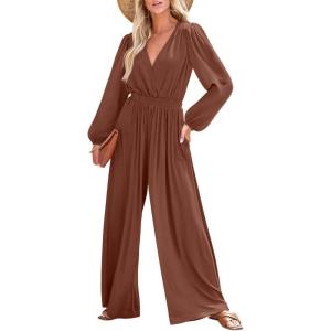 imageDokotoo Lantern Long Sleeve Jumpsuit Wrapped V Neck Elegant for Womens Dressy Casual 2024 Fall One Piece Romper OutfitsRed Brown