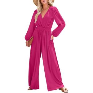 imageDokotoo Lantern Long Sleeve Jumpsuit Wrapped V Neck Elegant for Womens Dressy Casual 2024 Fall One Piece Romper OutfitsRose Red