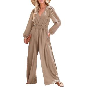 imageDokotoo Lantern Long Sleeve Jumpsuit Wrapped V Neck Elegant for Womens Dressy Casual 2024 Fall One Piece Romper OutfitsSimply Taupe