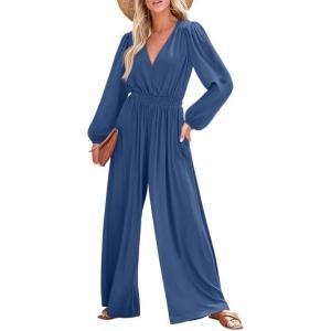 imageDokotoo Lantern Long Sleeve Jumpsuit Wrapped V Neck Elegant for Womens Dressy Casual 2024 Fall One Piece Romper OutfitsSky Blue