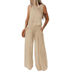 imageDokotoo Pants Sets Women 2 Piece Outfits Sleeveless Round Neck Tank Tops Matching Sets for Women Elastic Waist Wide LegApricot