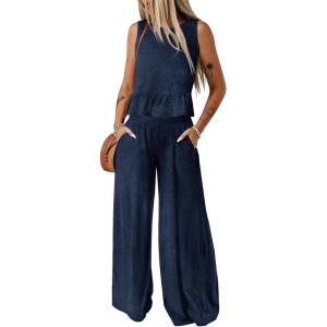 imageDokotoo Pants Sets Women 2 Piece Outfits Sleeveless Round Neck Tank Tops Matching Sets for Women Elastic Waist Wide LegBlue