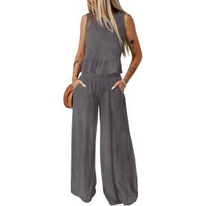 imageDokotoo Pants Sets Women 2 Piece Outfits Sleeveless Round Neck Tank Tops Matching Sets for Women Elastic Waist Wide LegDark Grey