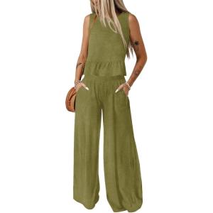 imageDokotoo Pants Sets Women 2 Piece Outfits Sleeveless Round Neck Tank Tops Matching Sets for Women Elastic Waist Wide LegGreen