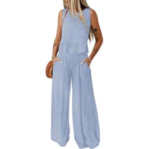 imageDokotoo Pants Sets Women 2 Piece Outfits Sleeveless Round Neck Tank Tops Matching Sets for Women Elastic Waist Wide LegLignt Blue