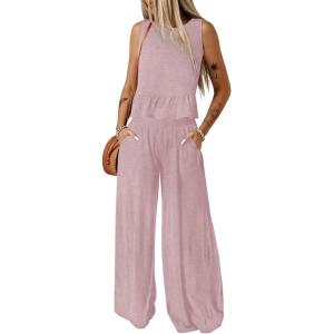imageDokotoo Pants Sets Women 2 Piece Outfits Sleeveless Round Neck Tank Tops Matching Sets for Women Elastic Waist Wide LegPink