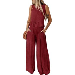imageDokotoo Pants Sets Women 2 Piece Outfits Sleeveless Round Neck Tank Tops Matching Sets for Women Elastic Waist Wide LegRed