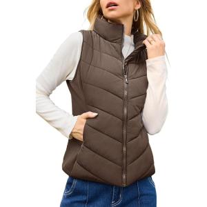 imageDokotoo Puffer Vest Women Sleeveless Zip Up Outerwear Stand Collar Quilted Vest Warm Winter Jackets Coats with PocketBrown