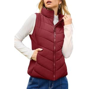 imageDokotoo Puffer Vest Women Sleeveless Zip Up Outerwear Stand Collar Quilted Vest Warm Winter Jackets Coats with PocketRed