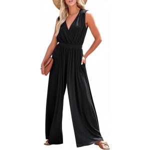 imageDokotoo Sleeveless Jumpsuit Wrapped V Neck Elegant for Womens Dressy Casual 2025 One Piece Romper OutfitsBlack