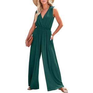 imageDokotoo Sleeveless Jumpsuit Wrapped V Neck Elegant for Womens Dressy Casual 2025 One Piece Romper OutfitsBlackish Green