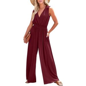 imageDokotoo Sleeveless Jumpsuit Wrapped V Neck Elegant for Womens Dressy Casual 2025 One Piece Romper OutfitsBurgundy