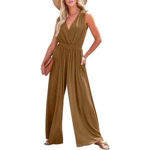 imageDokotoo Sleeveless Jumpsuit Wrapped V Neck Elegant for Womens Dressy Casual 2025 One Piece Romper OutfitsChestnut