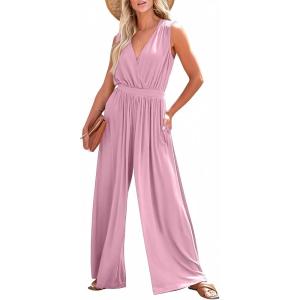 imageDokotoo Sleeveless Jumpsuit Wrapped V Neck Elegant for Womens Dressy Casual 2025 One Piece Romper OutfitsPink