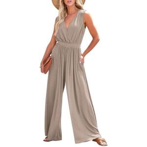 imageDokotoo Sleeveless Jumpsuit Wrapped V Neck Elegant for Womens Dressy Casual 2025 One Piece Romper OutfitsSimply Taupe