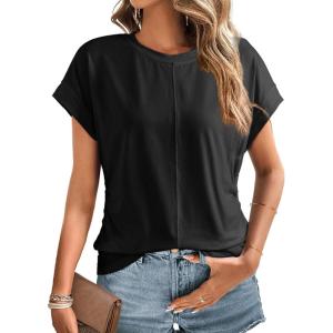 imageDokotoo Spring Tops for Women 2025 Cap Sleeve Side Ruched Summer Tops for Women Trendy Women ClothingBlack