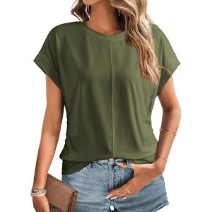 imageDokotoo Spring Tops for Women 2025 Cap Sleeve Side Ruched Summer Tops for Women Trendy Women ClothingDark Green