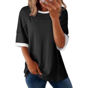 imageDokotoo Summer Tops for Women 2025 Loose Oversized T Shirts Crewneck Color Block Side Slits Basic Tee BlousesBlack