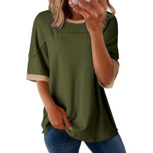 imageDokotoo Summer Tops for Women 2025 Loose Oversized T Shirts Crewneck Color Block Side Slits Basic Tee BlousesGreen