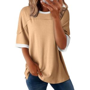 imageDokotoo Summer Tops for Women 2025 Loose Oversized T Shirts Crewneck Color Block Side Slits Basic Tee BlousesGrey