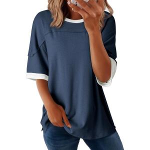 imageDokotoo Summer Tops for Women 2025 Loose Oversized T Shirts Crewneck Color Block Side Slits Basic Tee BlousesNavy Blue