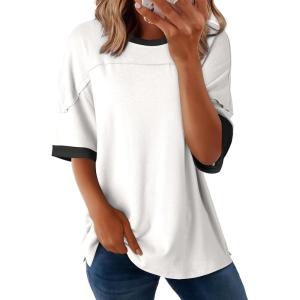 imageDokotoo Summer Tops for Women 2025 Loose Oversized T Shirts Crewneck Color Block Side Slits Basic Tee BlousesWhite