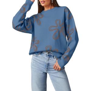 imageDokotoo Sweaters for Women Casual Crewneck Long Sleeve Floral Print Cable Knit Pullover Sweater TopsBlue