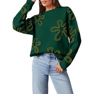 imageDokotoo Sweaters for Women Casual Crewneck Long Sleeve Floral Print Cable Knit Pullover Sweater TopsGreen