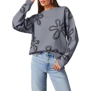 imageDokotoo Sweaters for Women Casual Crewneck Long Sleeve Floral Print Cable Knit Pullover Sweater TopsGrey