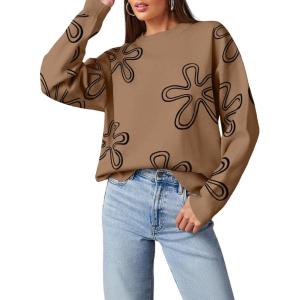 imageDokotoo Sweaters for Women Casual Crewneck Long Sleeve Floral Print Cable Knit Pullover Sweater TopsKhaki