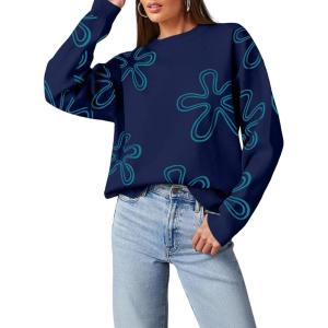 imageDokotoo Sweaters for Women Casual Crewneck Long Sleeve Floral Print Cable Knit Pullover Sweater TopsNavy Blue
