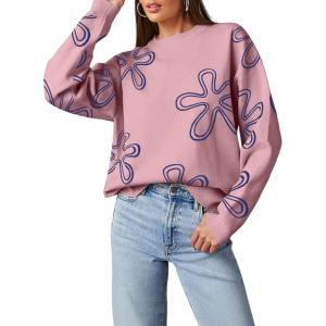 imageDokotoo Sweaters for Women Casual Crewneck Long Sleeve Floral Print Cable Knit Pullover Sweater TopsPink