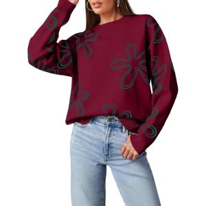 imageDokotoo Sweaters for Women Casual Crewneck Long Sleeve Floral Print Cable Knit Pullover Sweater TopsRed