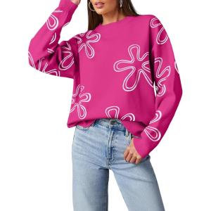 imageDokotoo Sweaters for Women Casual Crewneck Long Sleeve Floral Print Cable Knit Pullover Sweater TopsRose Red