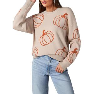 imageDokotoo Sweaters for Women Casual Crewneck Long Sleeve Floral Print Cable Knit Pullover Sweater TopsY Beige