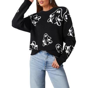 imageDokotoo Sweaters for Women Casual Crewneck Long Sleeve Floral Print Cable Knit Pullover Sweater TopsY Black2