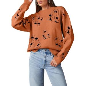 imageDokotoo Sweaters for Women Casual Crewneck Long Sleeve Floral Print Cable Knit Pullover Sweater TopsY Orange1