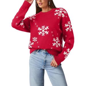 imageDokotoo Sweaters for Women Casual Crewneck Long Sleeve Floral Print Cable Knit Pullover Sweater TopsZ Red 1