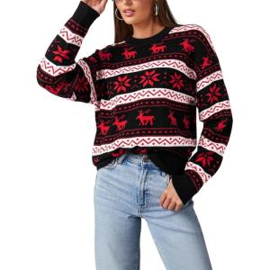 imageDokotoo Sweaters for Women Casual Crewneck Long Sleeve Floral Print Cable Knit Pullover Sweater TopsZ Red Black