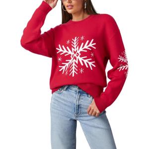 imageDokotoo Sweaters for Women Casual Crewneck Long Sleeve Floral Print Cable Knit Pullover Sweater TopsZ Red3