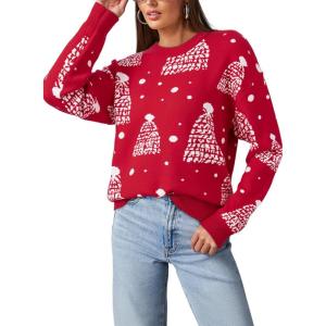 imageDokotoo Sweaters for Women Casual Crewneck Long Sleeve Floral Print Cable Knit Pullover Sweater TopsZ Red4