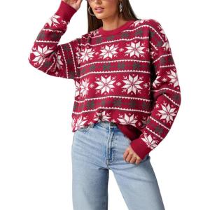 imageDokotoo Sweaters for Women Casual Crewneck Long Sleeve Floral Print Cable Knit Pullover Sweater TopsZ Red5
