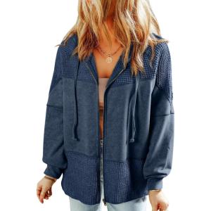imageDokotoo Waffle Knit Hoodies for Womens Zip Up 2025 Drawstring Fall Casual Trendy Clothing Jackets Trendy OutfitsBlue