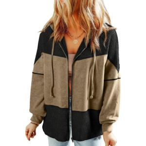 imageDokotoo Waffle Knit Hoodies for Womens Zip Up 2025 Drawstring Fall Casual Trendy Clothing Jackets Trendy OutfitsKhaki