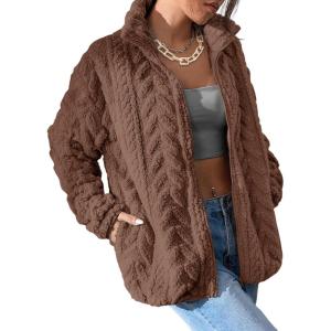 imageDokotoo Winter Fleece Jacket for Women Zipper Up Zip Up Stand Collar with Pockets CoatsChestnut