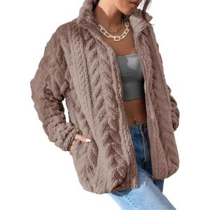 imageDokotoo Winter Fleece Jacket for Women Zipper Up Zip Up Stand Collar with Pockets CoatsLight French Beige