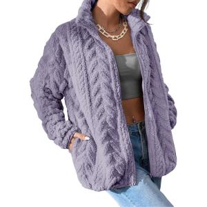 imageDokotoo Winter Fleece Jacket for Women Zipper Up Zip Up Stand Collar with Pockets CoatsOrchid Petal