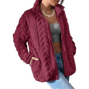 imageDokotoo Winter Fleece Jacket for Women Zipper Up Zip Up Stand Collar with Pockets CoatsRed