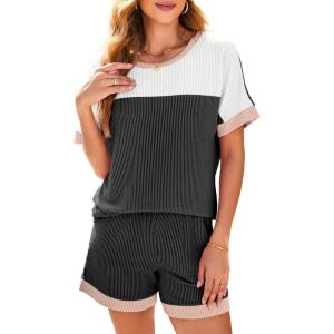 imageDokotoo Womens 2 Piece Outfits Loungewear Colorblock Short Sleeve Womens Tops Elastic Waist Shorts Ribbed Knited SetsBlack White