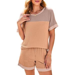 imageDokotoo Womens 2 Piece Outfits Loungewear Colorblock Short Sleeve Womens Tops Elastic Waist Shorts Ribbed Knited SetsCamel
